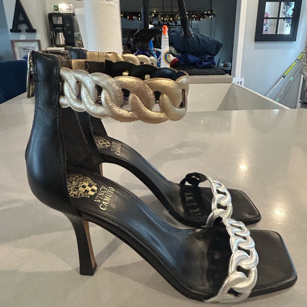 Vince Camuto Black and Gold Chain Heels